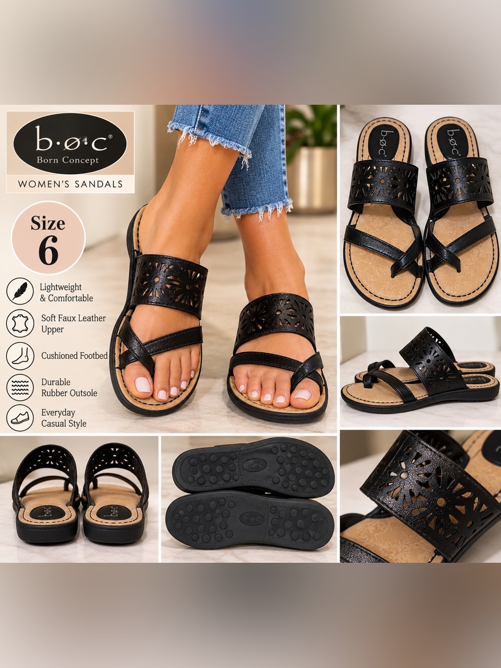 b.o.c. Black Laser-Cut Leather Slide Sandals for Women size 6